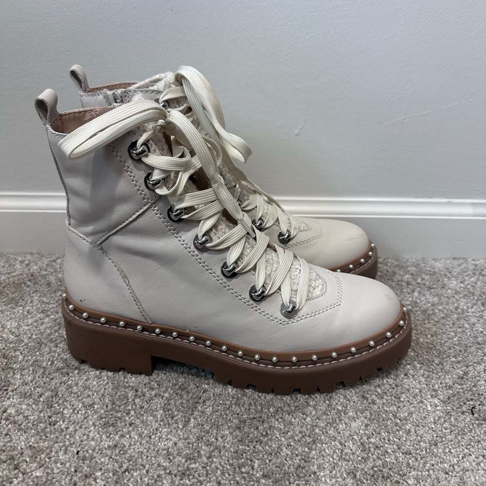 Steve Madden Rainier Leather Bone White Combat Boots with Pearl Stud Trim, Sz 8 - Picture 6 of 8